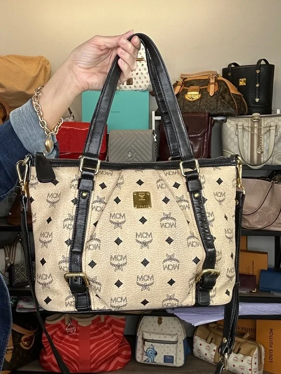 MCM Visetos Satchel Bag Cream Black Leather Trim Crossbody Medium Tote w/ COA - Picture 5 of 15